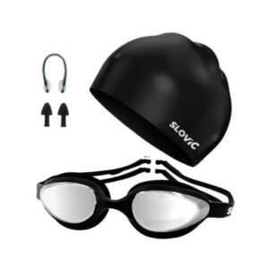 SLOVIC Swimming Combo | Swimming Goggles & Cap | Adult | Unisex | Black